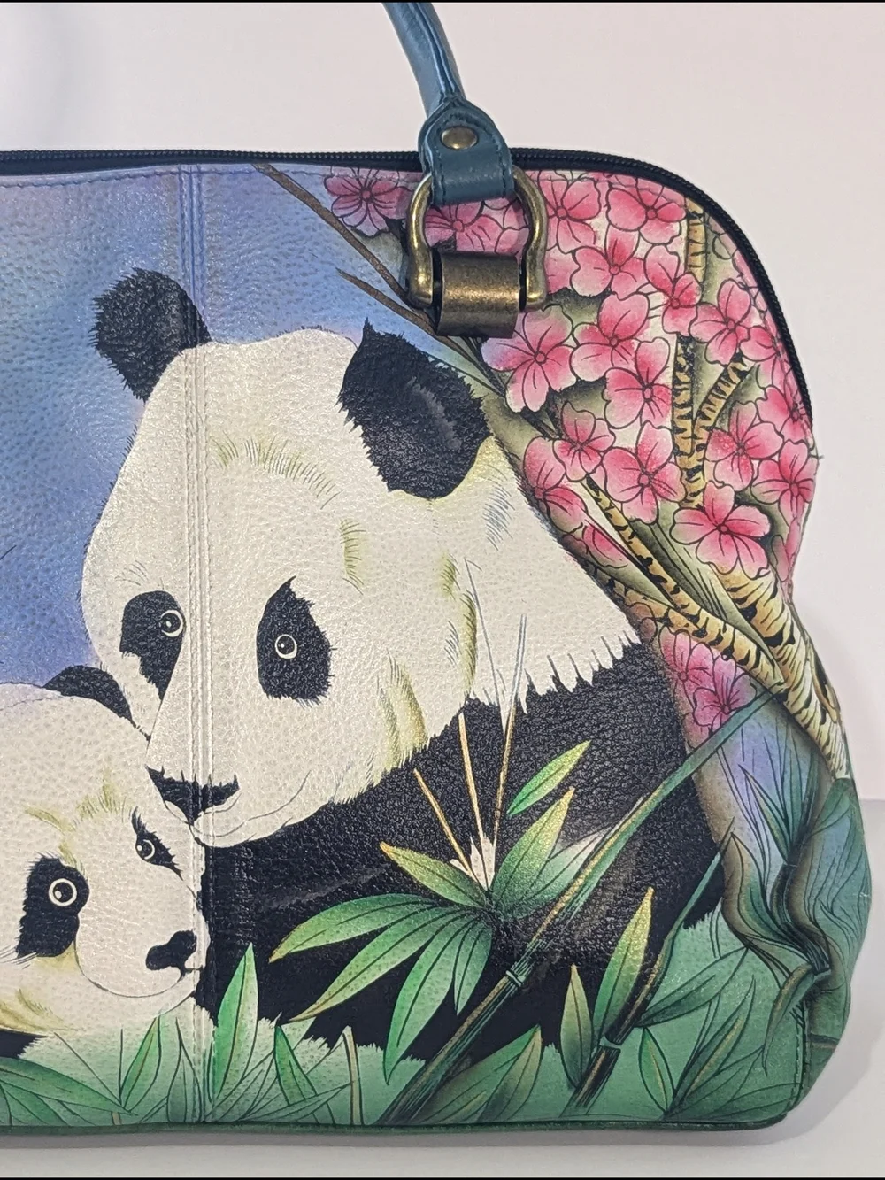 Anuschka Hand Painted Leather Satchel Panda Floral Crossbody Shoulder Bag Art